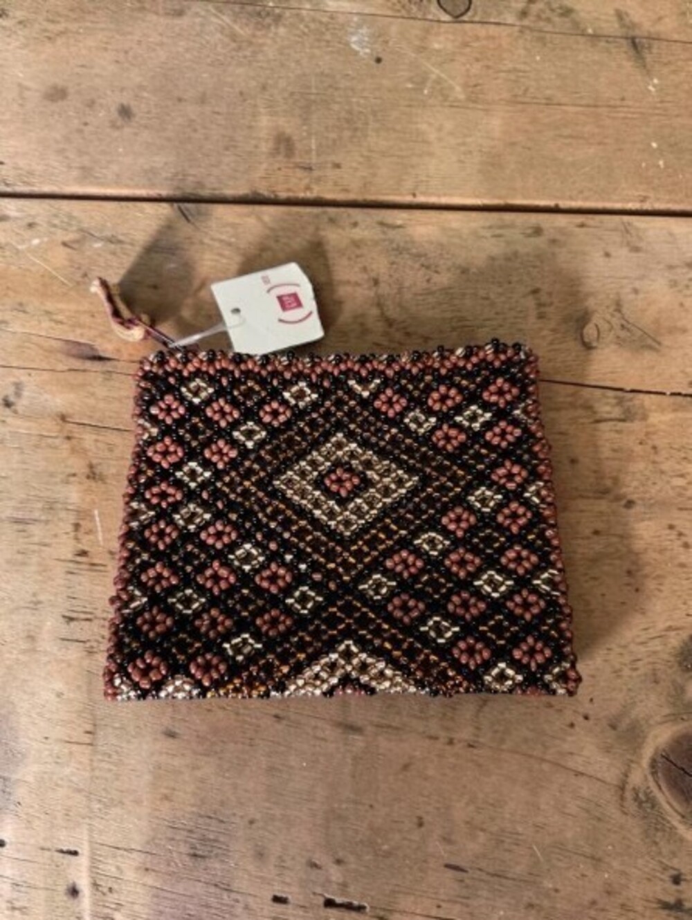 Gap Red Beaded Coin Purse Zip Pouch Brown Black Tribal Geometric NWT
